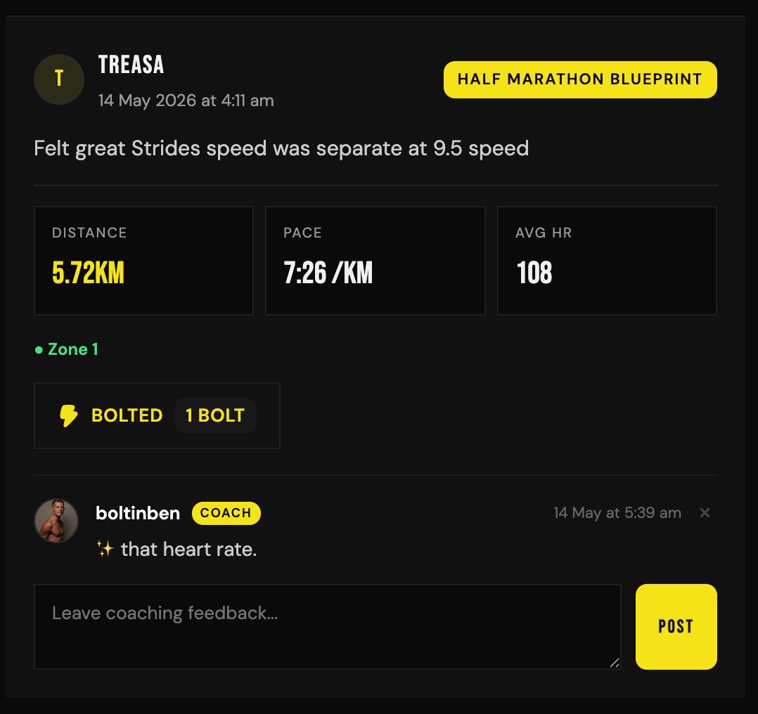 A real member's run with my coach comment inside the Sparkies app